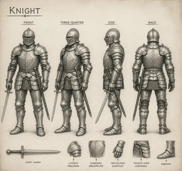 Pencil Sketch Knight Armor Turnaround Sheet