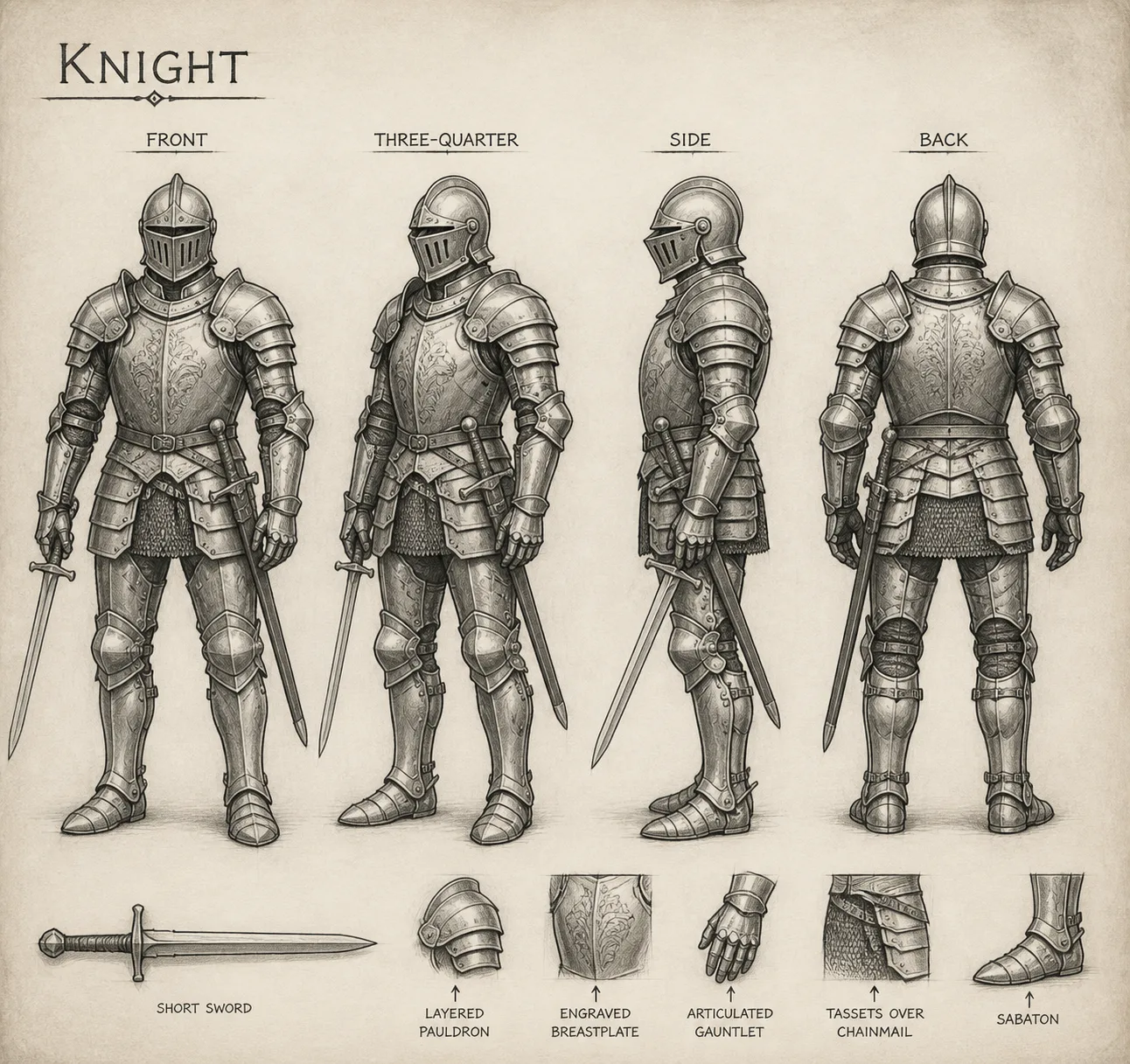 Pencil Sketch Knight Armor Turnaround Sheet