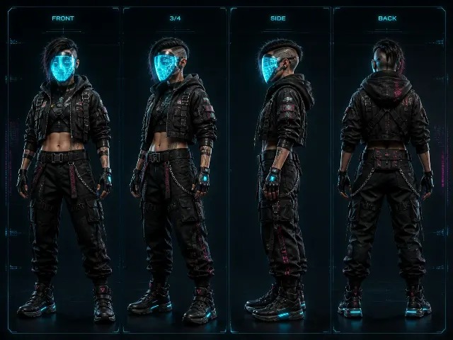 Photorealistic Cyberpunk Hacker Turnaround