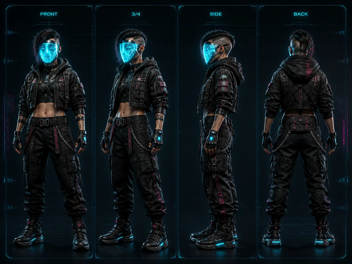 Photorealistic Cyberpunk Hacker Turnaround