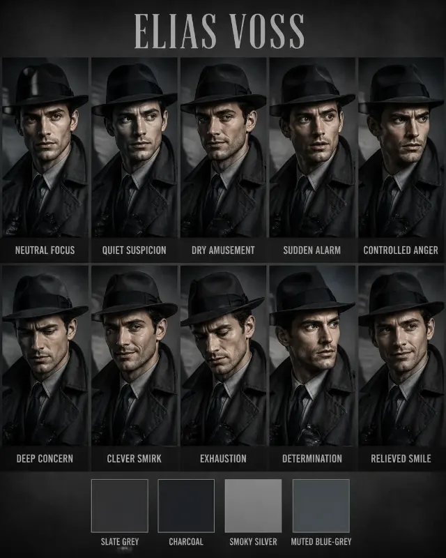 Photorealistic Film Noir Detective Expression Sheet