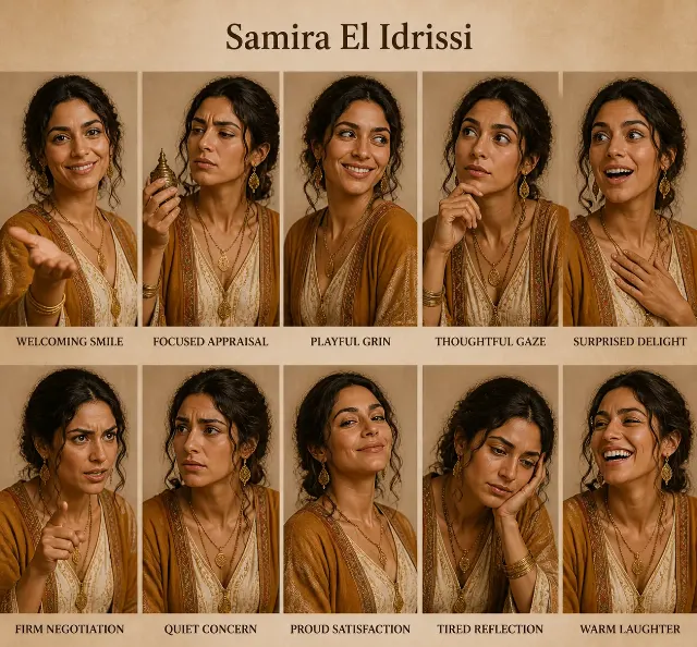 Photorealistic Merchant Woman Expression Sheet