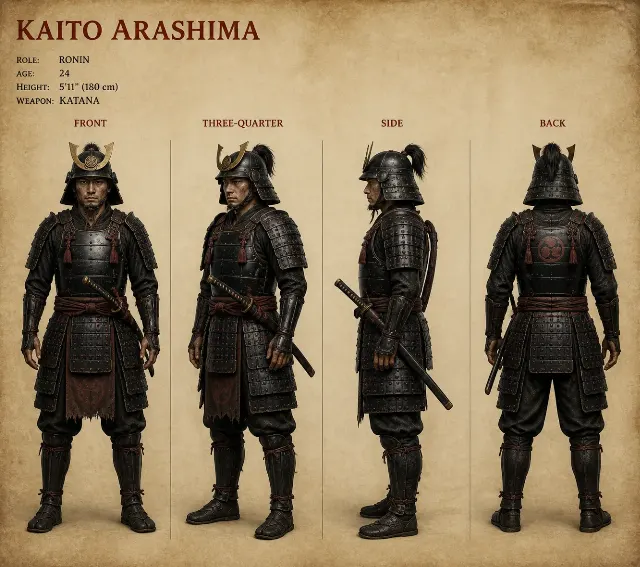 Photorealistic Samurai Turnaround Sheet