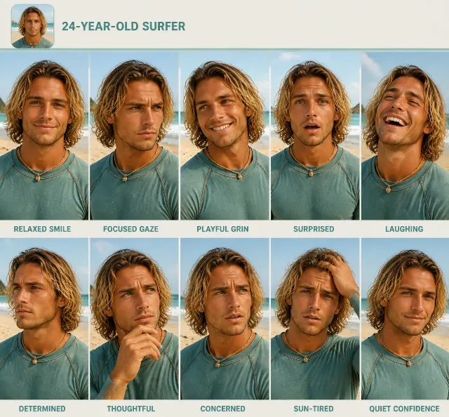 Photorealistic Surfer Expression Sheet