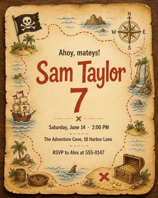 Pirate Adventure Kids Birthday Invitation
