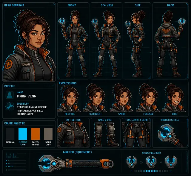 Pixel Art Sci-Fi Mechanic Character Sheet