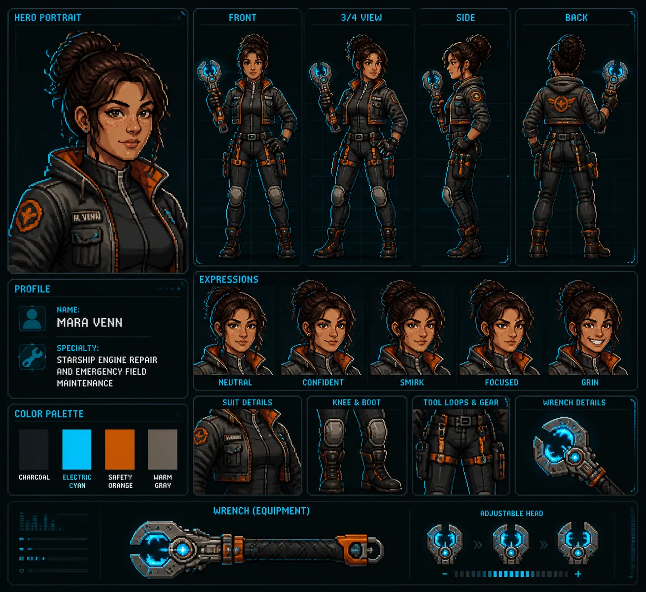 Pixel Art Sci-Fi Mechanic Character Sheet