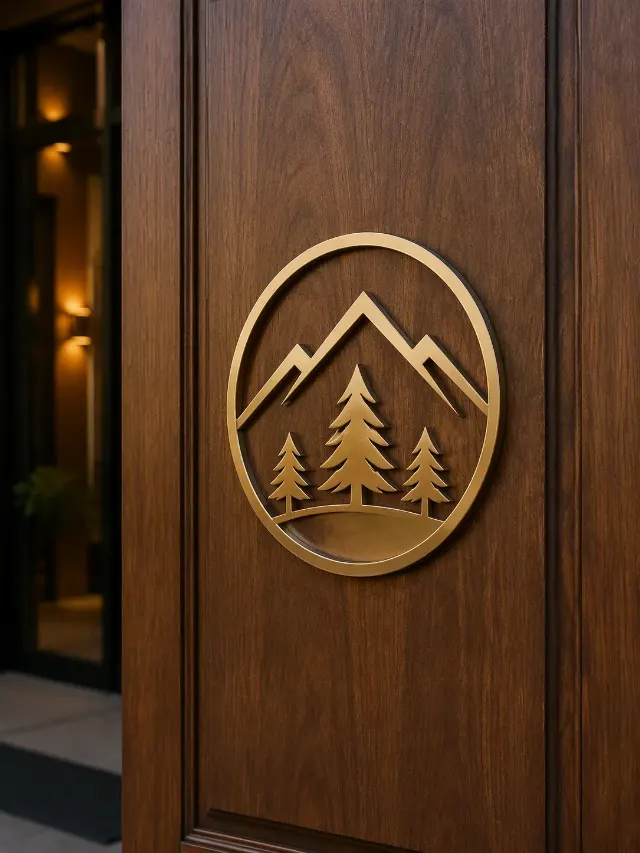 Polished Brass Logo On Wooden Door