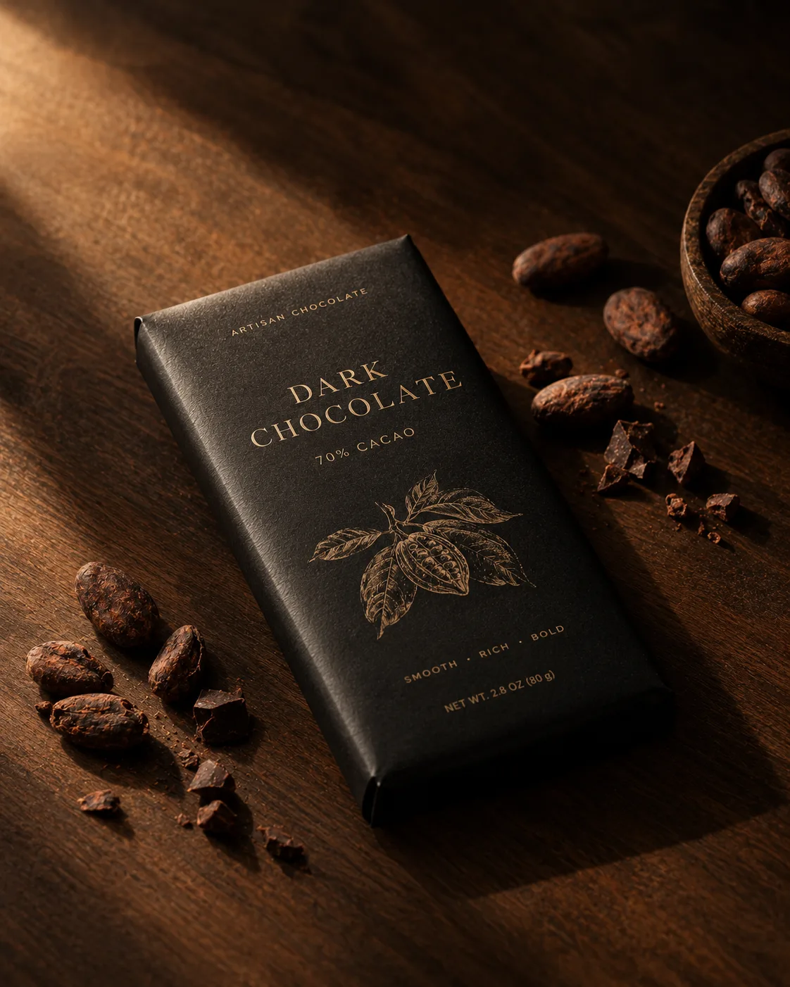 Premium Chocolate Bar On Dark Wood