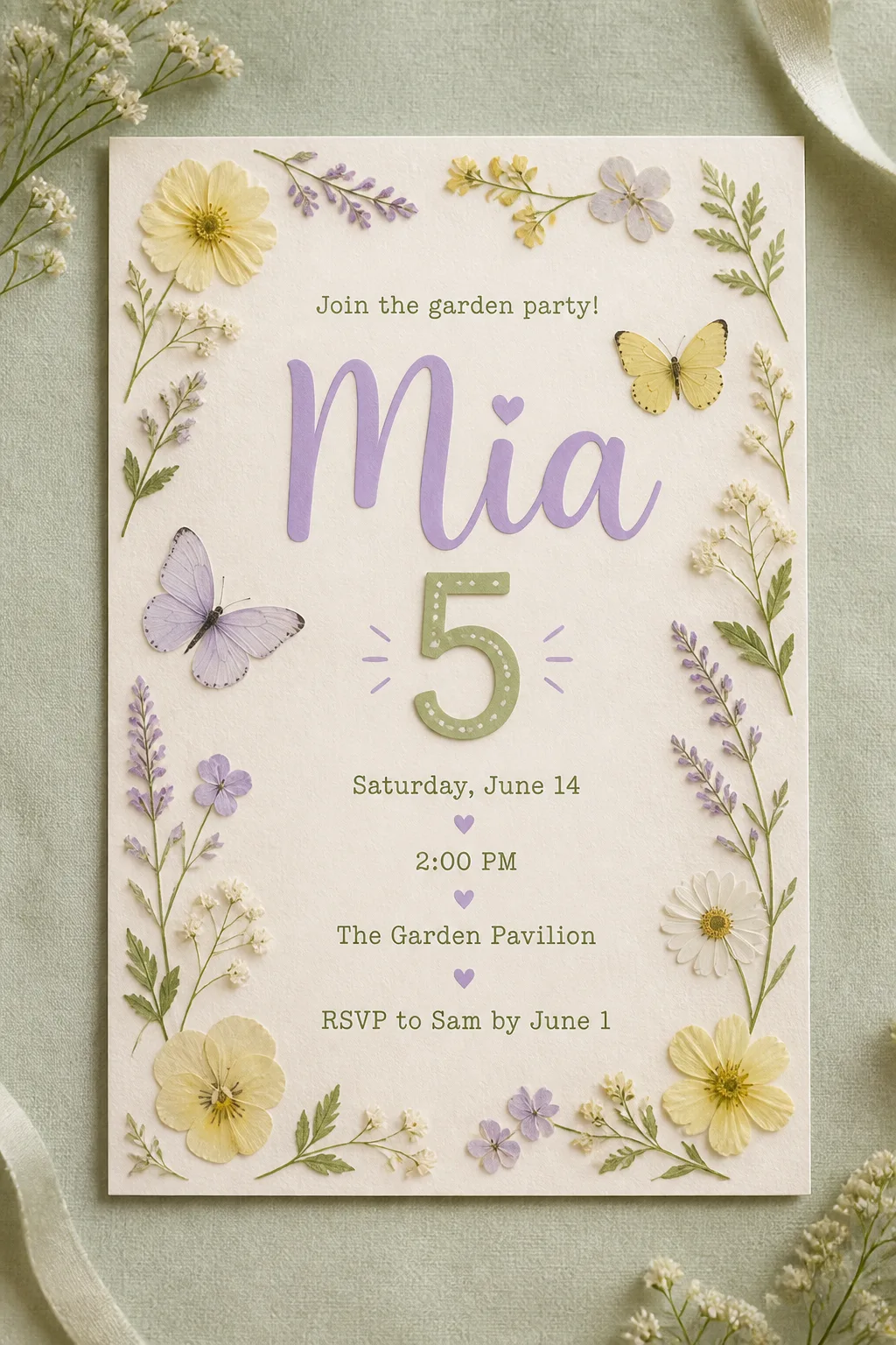Pressed Flower Butterfly Birthday Invitation