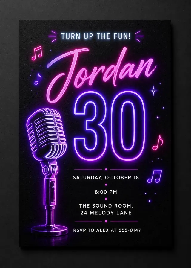 Purple Neon Karaoke Birthday Invitation