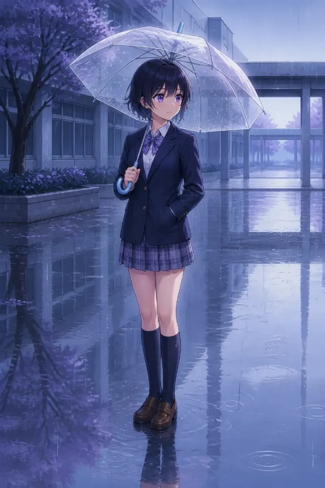 Rain-Soaked Anime Student Illustration