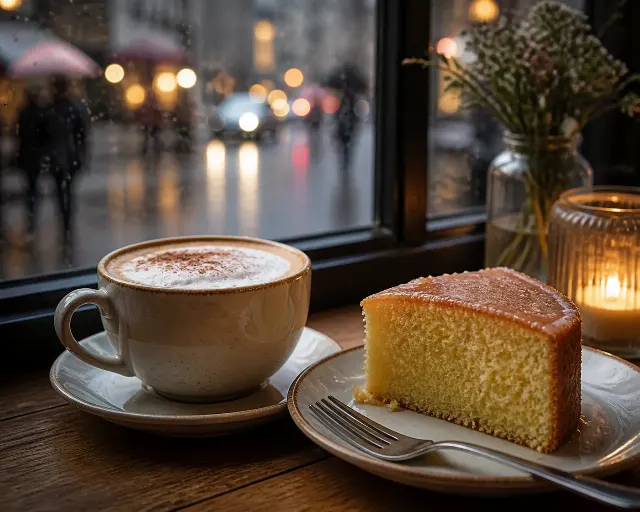 Rainy Cafe Window Cappuccino And Cake