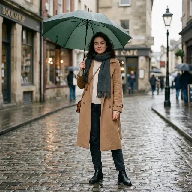 Rainy Street Trench Coat Portrait