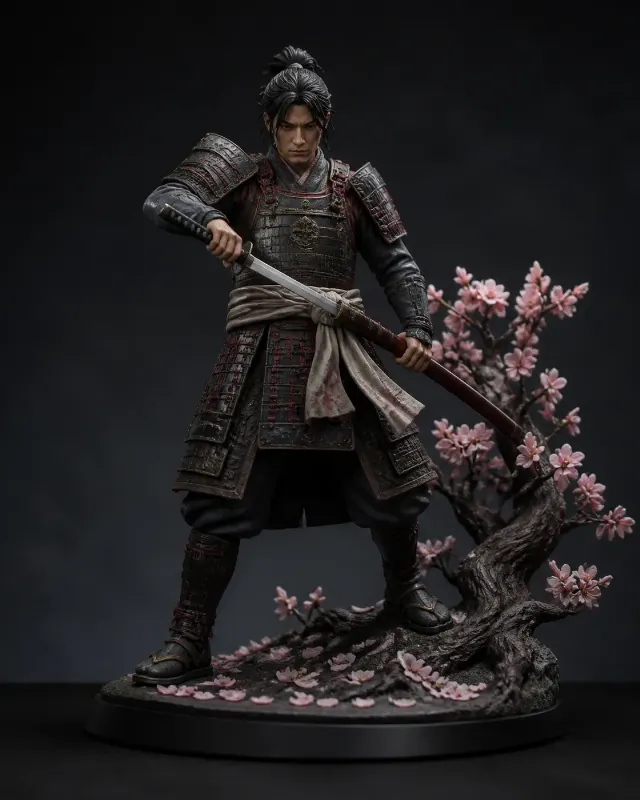 Realistic Samurai Figurine On Cherry Blossom Base