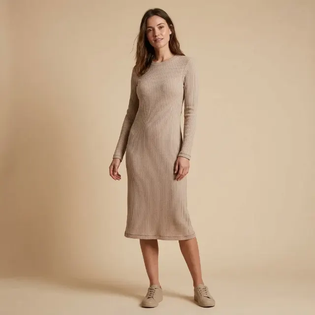 Ribbed Knit Dress Full Body Studio Photo