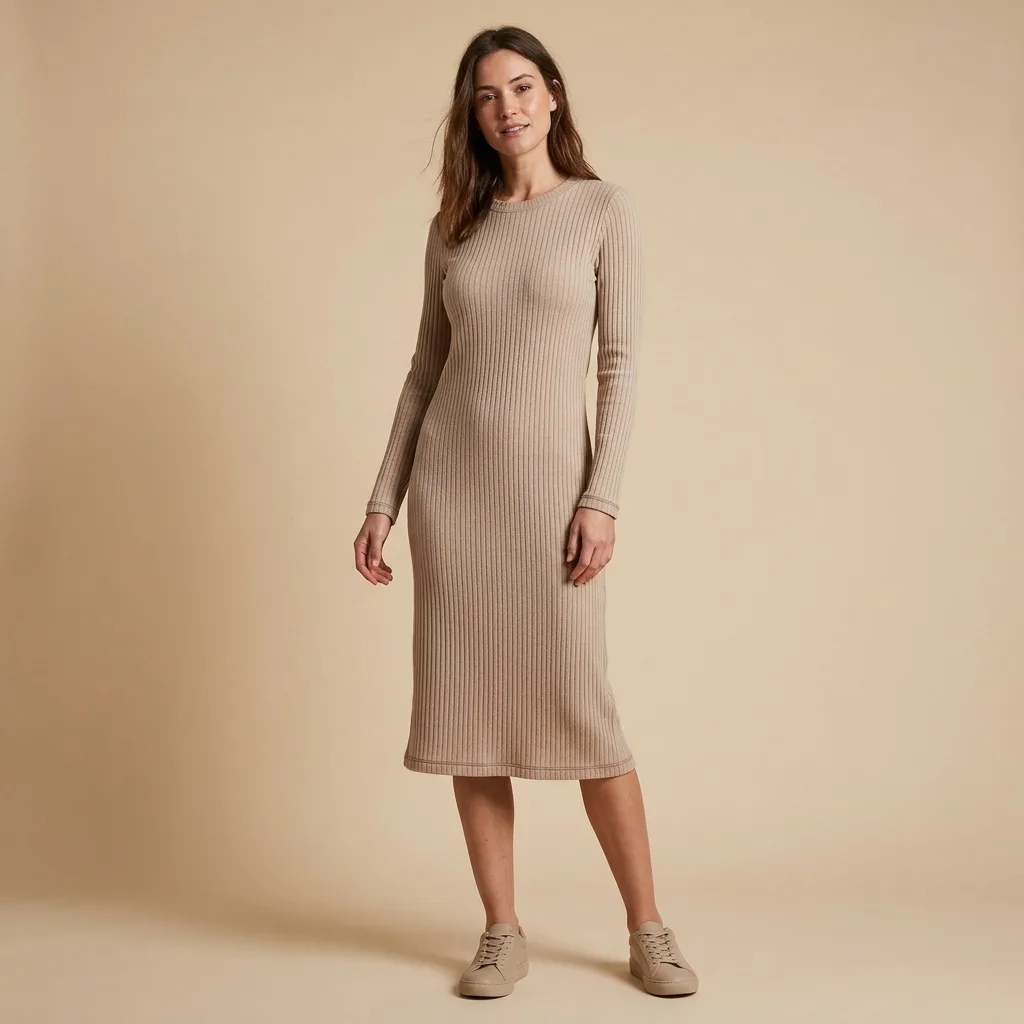 Ribbed Knit Dress Full Body Studio Photo