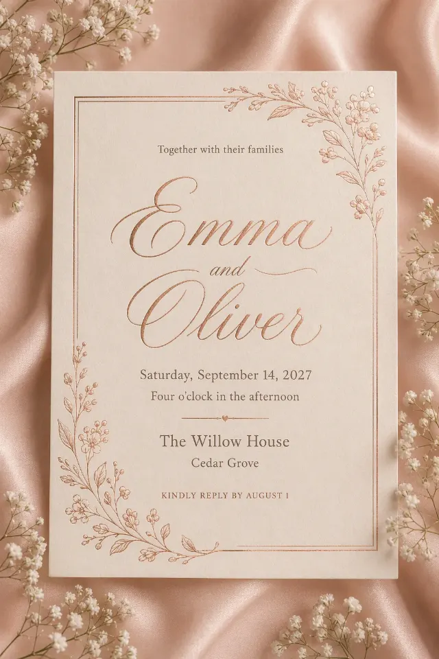 Rose Gold Baby's Breath Wedding Invitation