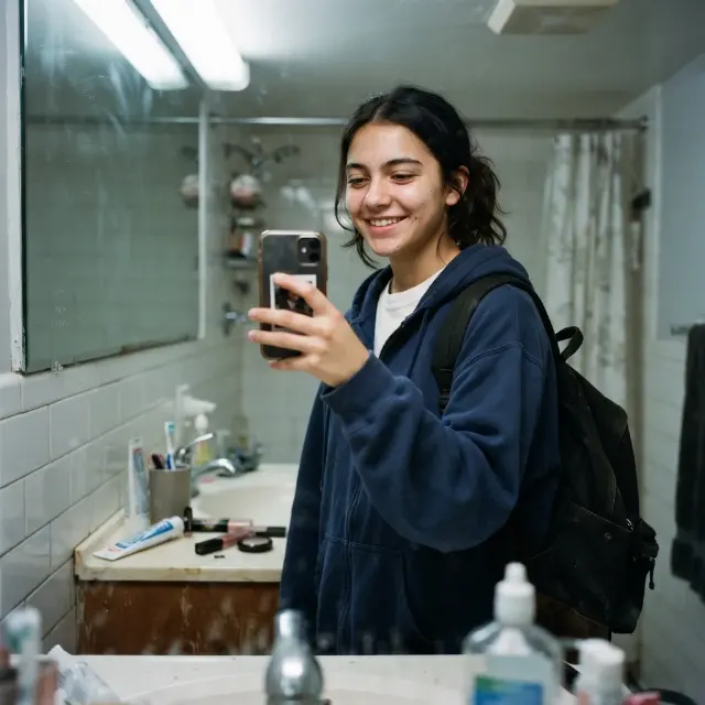 Rushed Bathroom School Prep Selfie
