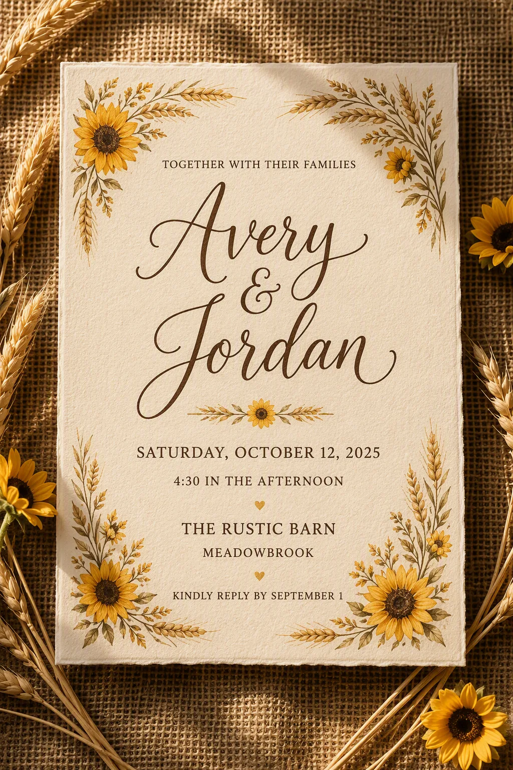 Rustic Sunflower And Wheat Wedding Invitation