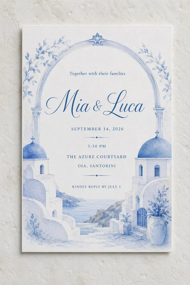 Santorini Blue Watercolor Wedding Invitation