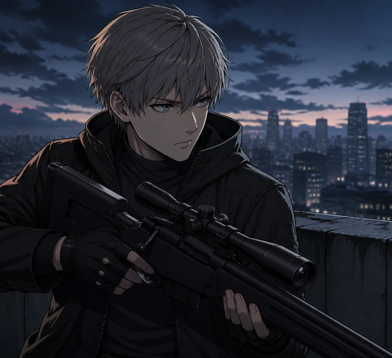Seinen Anime Sniper Rooftop Illustration