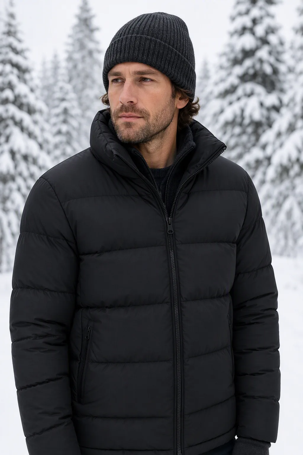 Snowy Outdoor Beanie And Puffer Photo