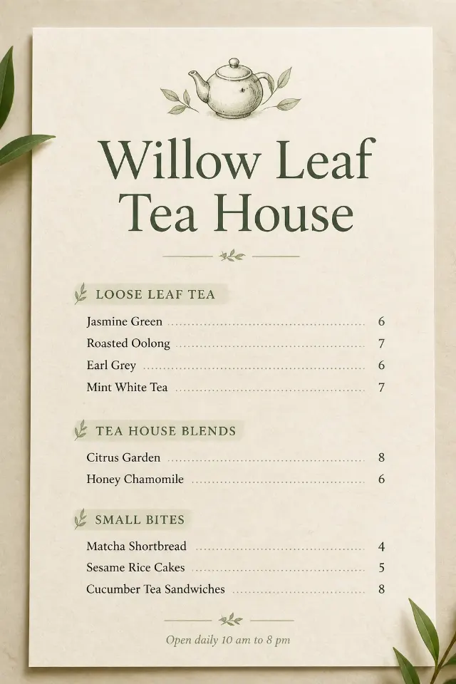 Soft Green Rice Paper Tea House Menu