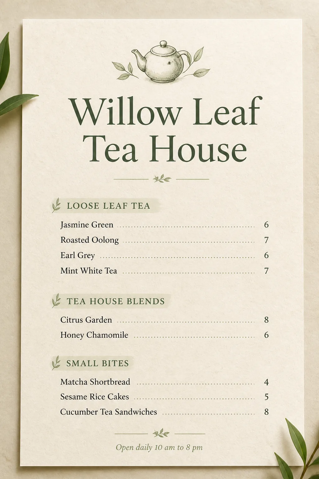 Soft Green Rice Paper Tea House Menu
