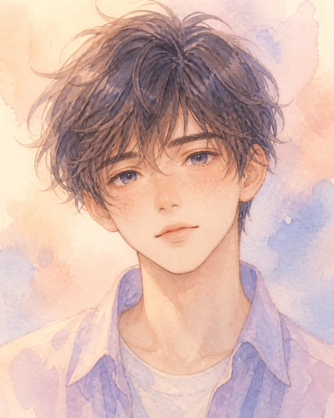 Soft Watercolor Anime Boy Portrait
