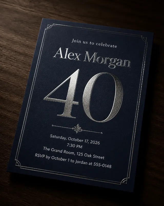 Sophisticated Navy Silver 40th Birthday Invitation