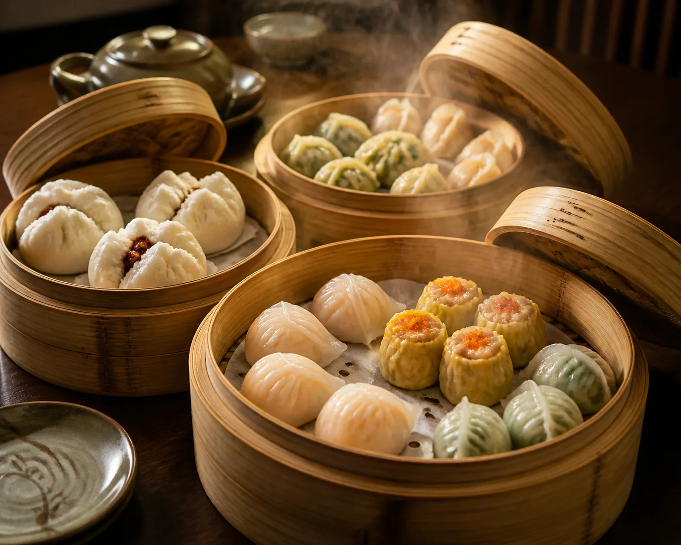 Steaming Dim Sum Baskets Restaurant Table