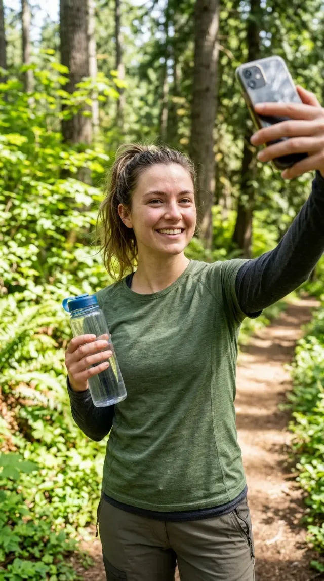Sunny Hiking Trail Water Bottle Selfie