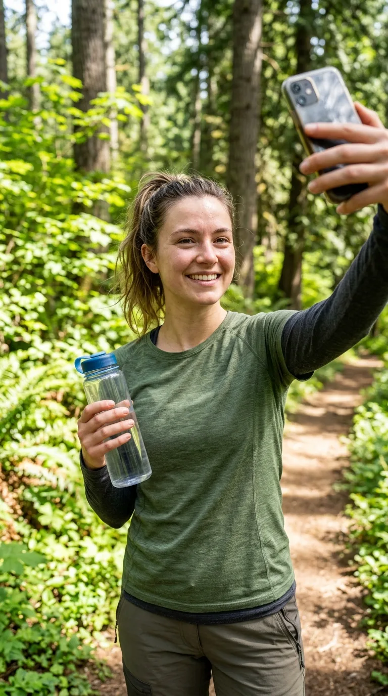Sunny Hiking Trail Water Bottle Selfie