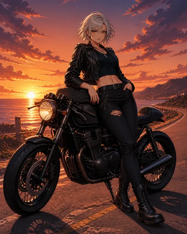 Sunset Anime Biker Girl Illustration