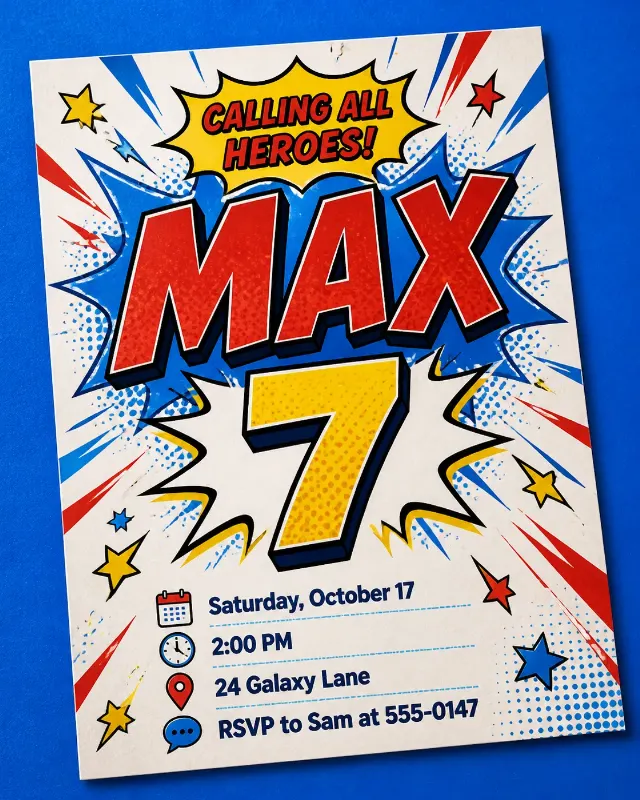 Superhero Comic Kids Birthday Invitation