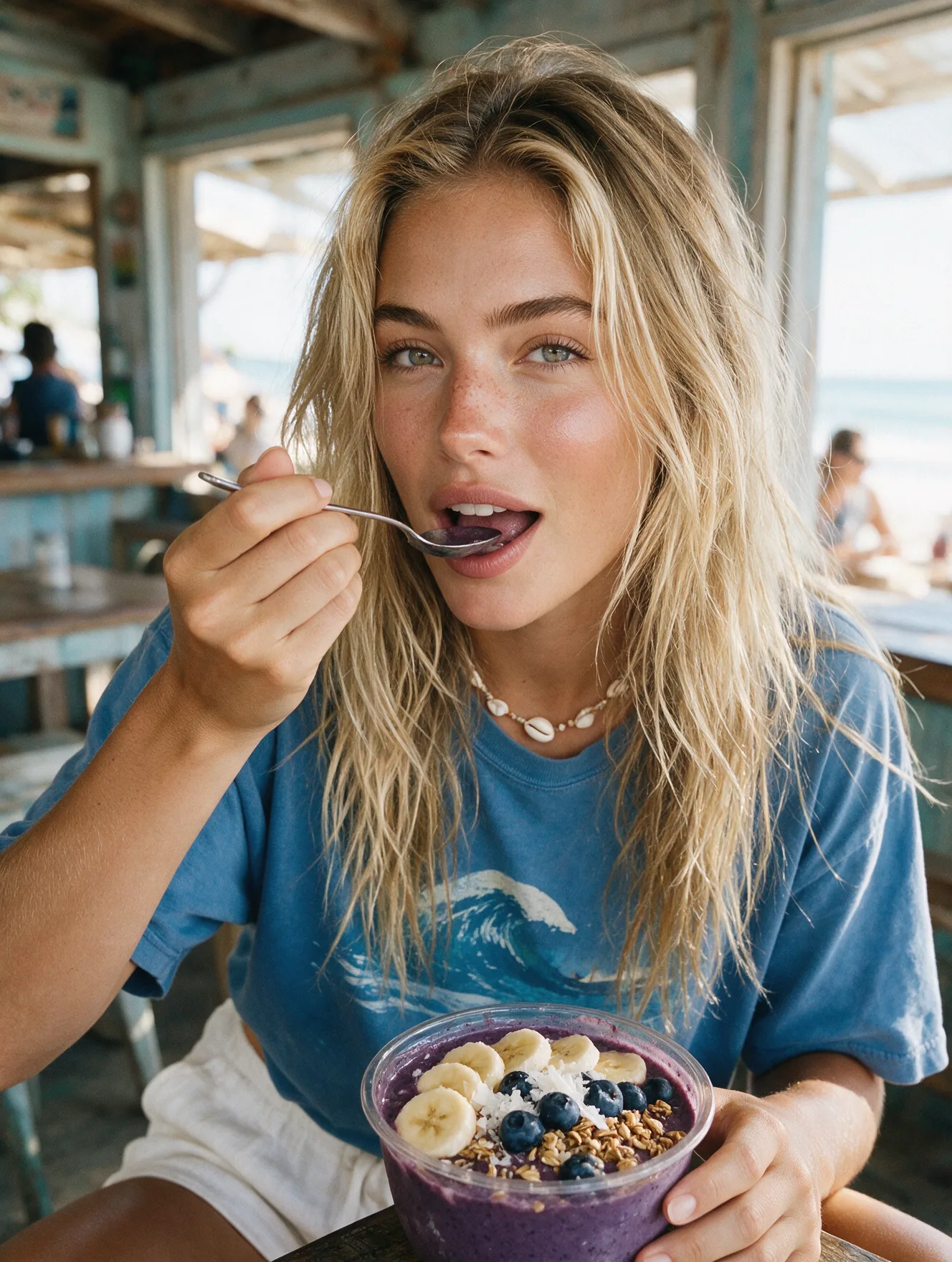 Surfer Girl Beach Cafe Candid Portrait