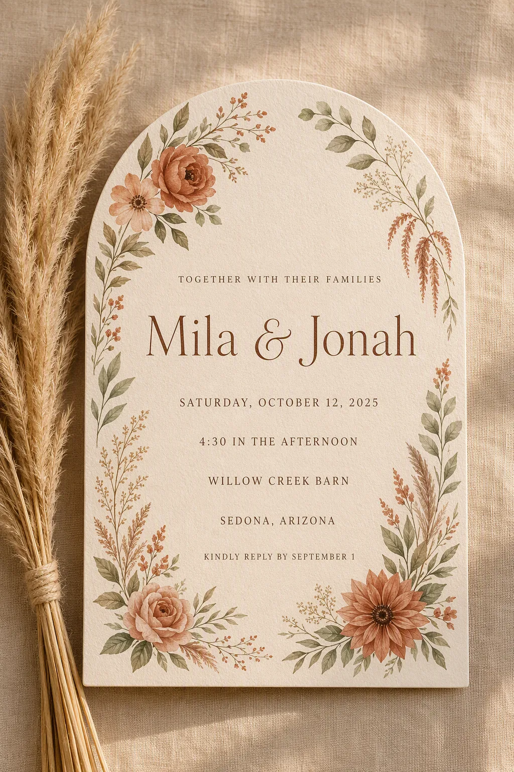 Terracotta Sage Boho Arch Wedding Invitation