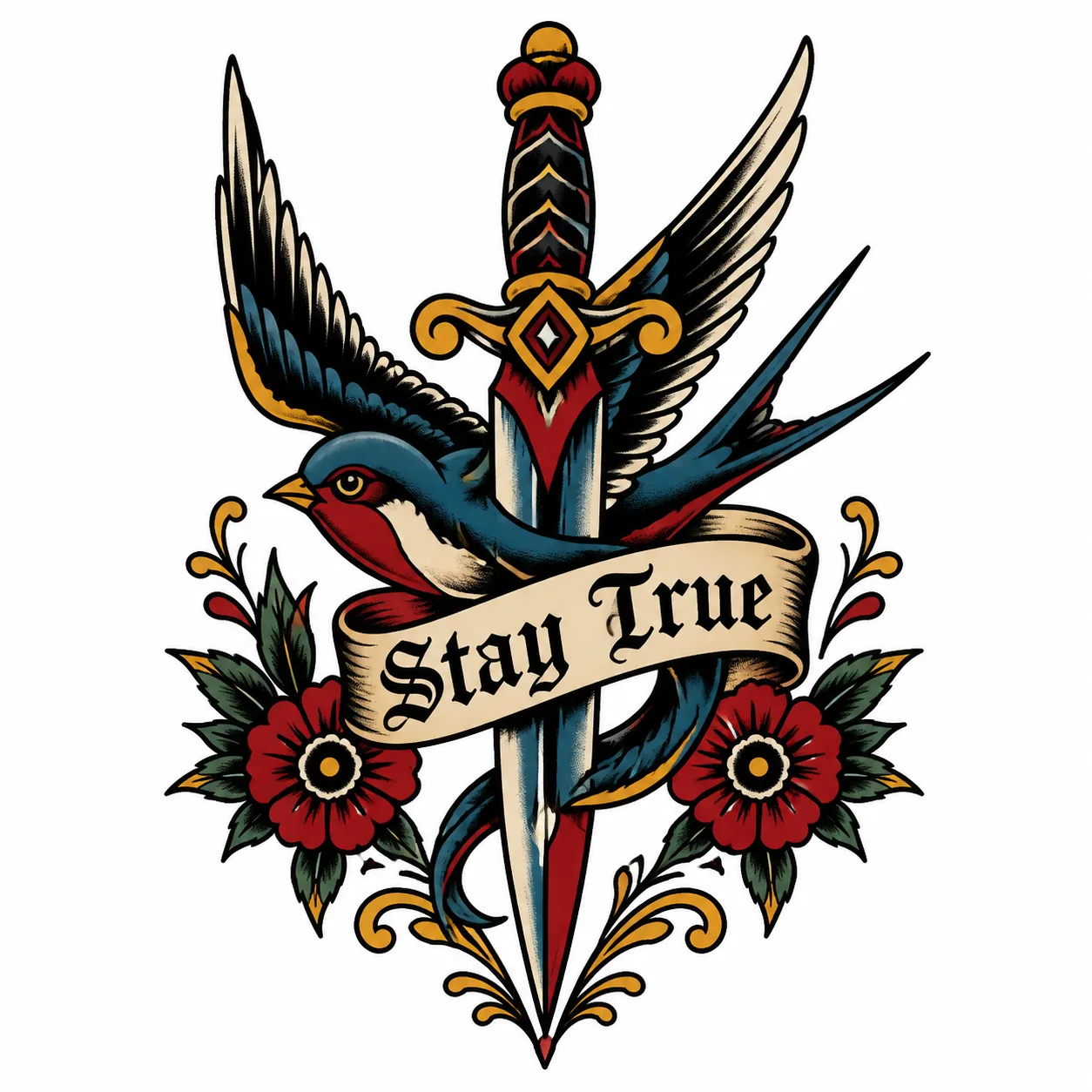 Traditional Swallow And Dagger T-Shirt Graphic