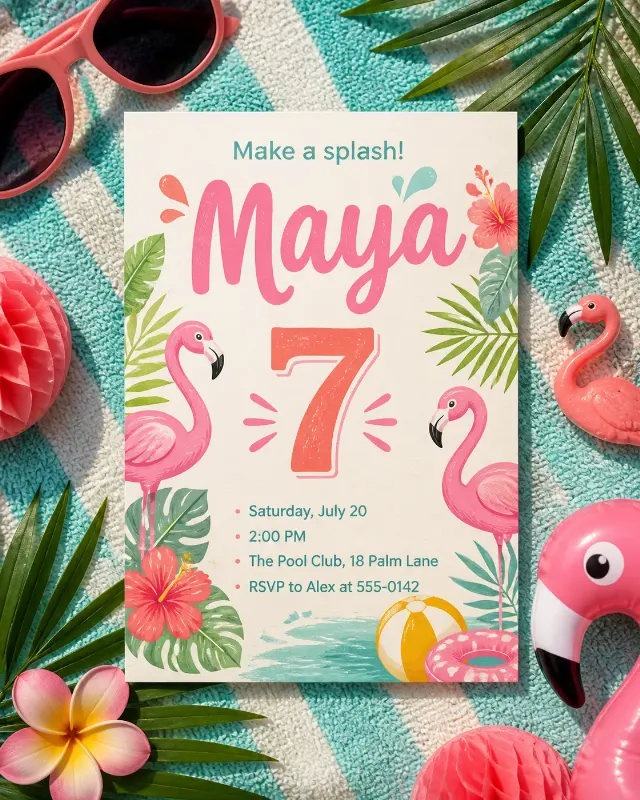 Tropical Flamingo Pool Party Invitation