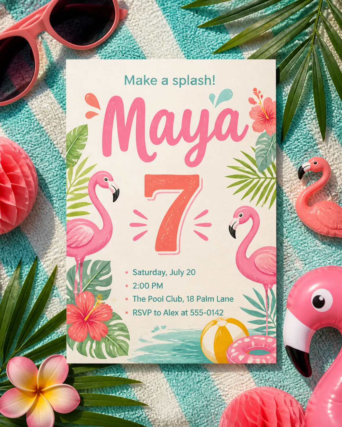 Tropical Flamingo Pool Party Invitation