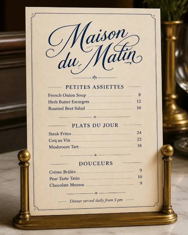 Vintage French Bistro Menu In Brass Holder