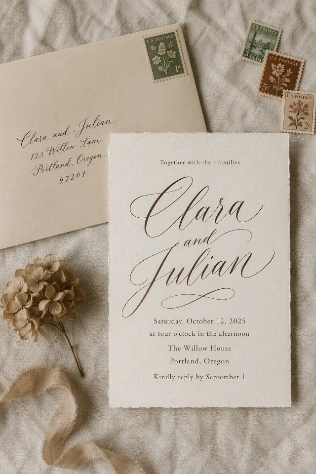 Vintage Linen Wedding Invitation Flat Lay