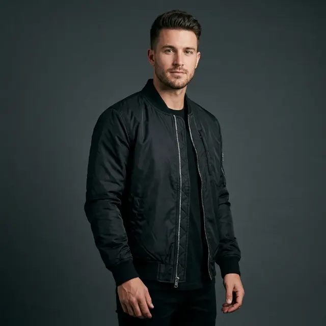 Waist-Up Bomber Jacket Studio Photo
