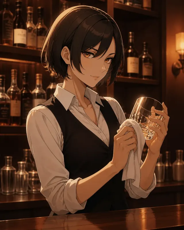 Warm Amber Anime Bartender Illustration