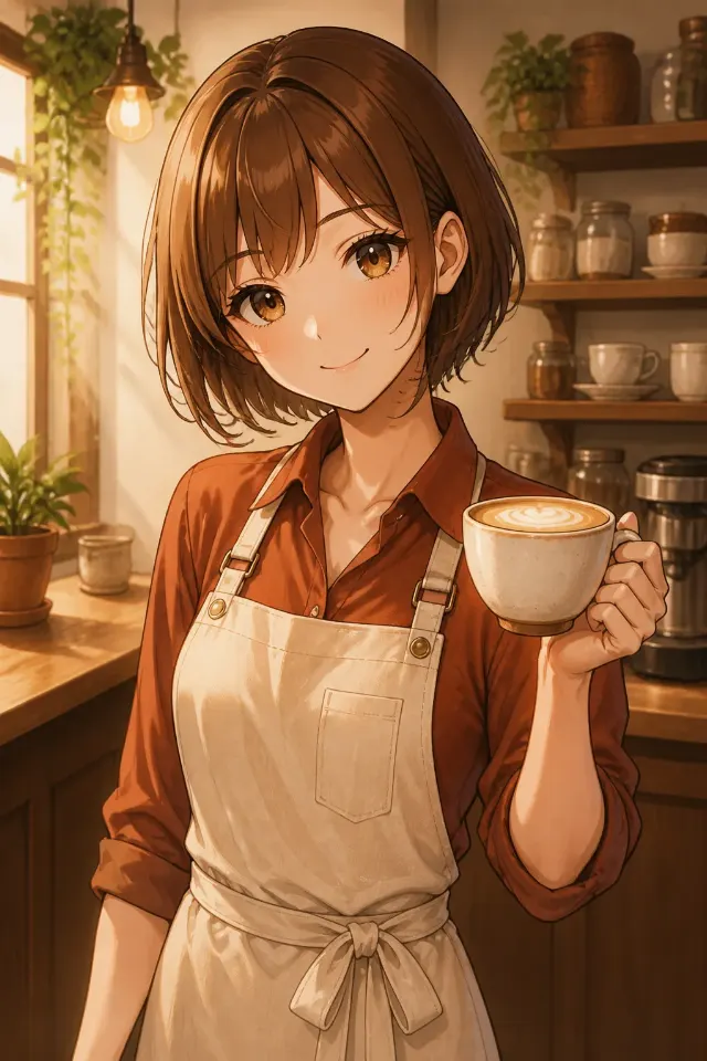 Warm Anime Cafe Barista Illustration