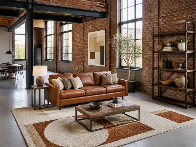 Warm Industrial Loft Living Room Staging