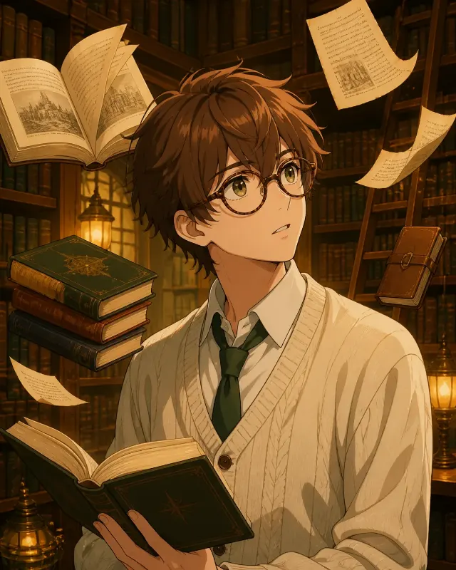 Warm Library Anime Scholar Character