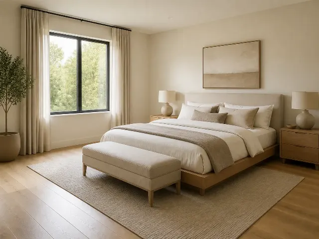 Warm Minimal Master Bedroom Staging