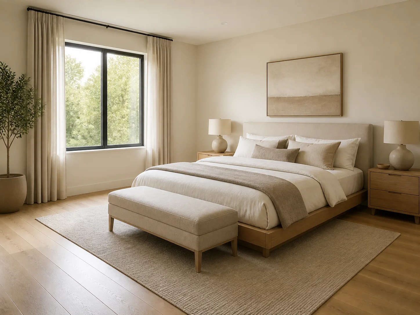 Warm Minimal Master Bedroom Staging